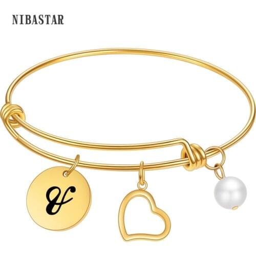 NIBASTAR Custom Women 26 Letter Gold Bracelet Stainless Steel Expandable Bangle For Women Girlfriend Best Girts Jewelry