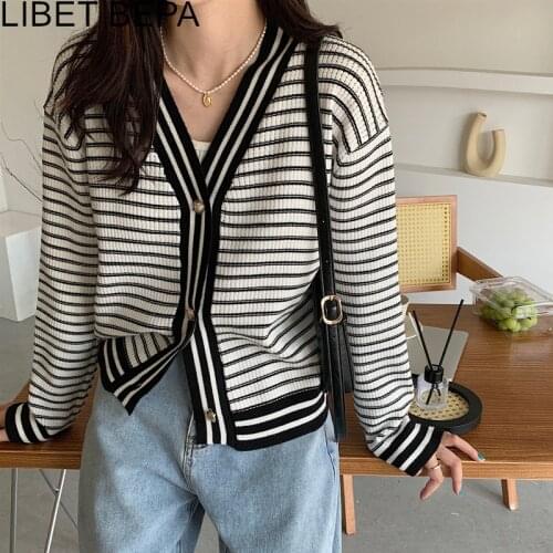 New 2021 Womens Autumn Winter Sweaters V-Neck Buttons Cardigans Knitwear Korean Striped Vintage Elegant Wild Lady Top SWC1379JX