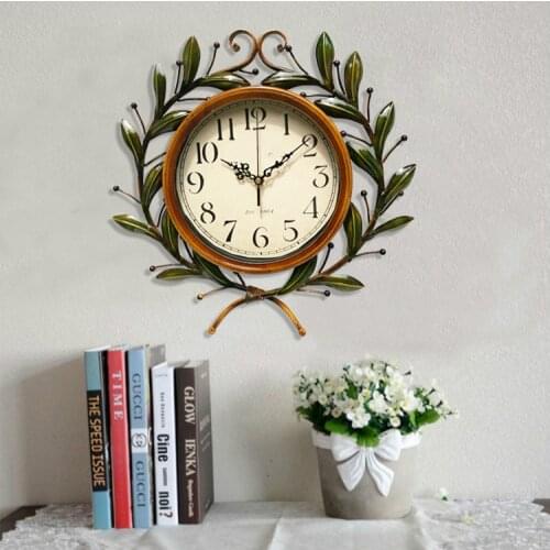 Wholesale European-Style Iron Olive Branch Hanging Clock Fashion Pastoral Mute Hanging Clock Watch Factory Direct Sales
