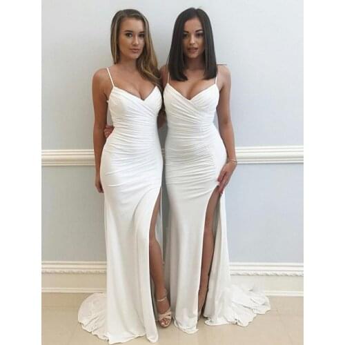 Elegant Bridesmaids Formal Dresses V Neck Spaghetti Straps Prom Dress Mermaid Evening Party Gowns With Slit Split Front Side