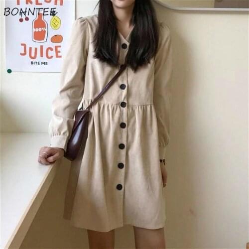 Dress Women Vintage French College Style Fashion Empire Sweet Girls Dresses Spring A-Line Chic Button Design Femme Vestidos New