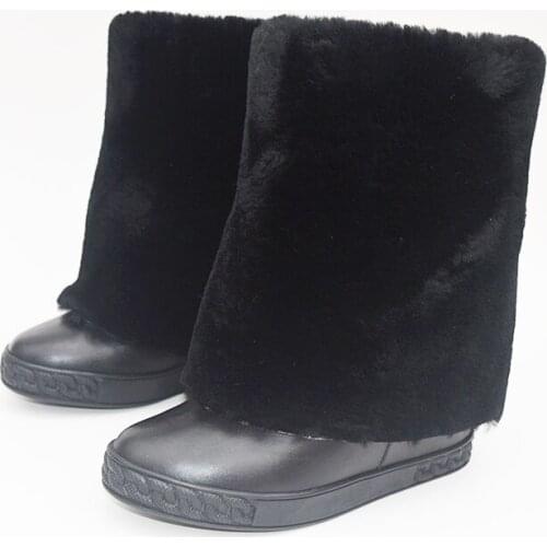 Real photos INS hot design brand woman hidden wedge heel fur boot 8CM inner wedge heel black fur boots