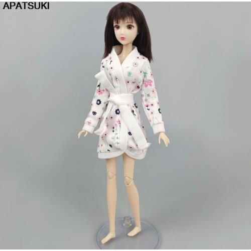 Flower Floral White Bathrobe For Barbie Dolls Robe Bathroom Suit Winter Pajama Wear Sleeping Casual Clothes 1/6 BJD Toys