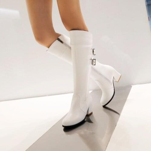 Ladies Autumn Winter Round Toe Knee High Boots Fashion Belt Buckle Zipper Womens Shoes Thick High Heel PU Zipper Rider Boots
