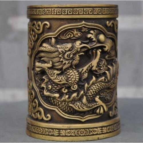Old Chinese Dynasty Pure bronze dragon play bead lucky Brush Pot Pencil Vase