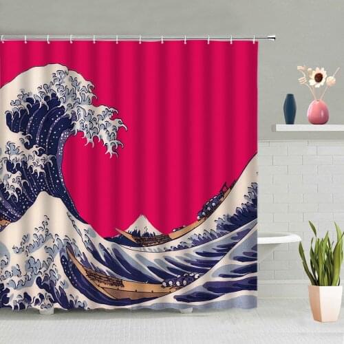 Ocean Wave Shower Curtain Living Room Background Wall Decoration Painting Bathroom Screen Bath Curtains Washable With Hook Set