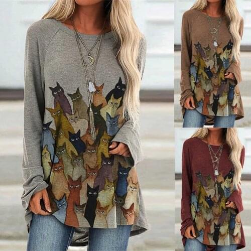 Plus Size Cat Printing Womens Blouse Cotton Round Neck Shirts Tops Casual Long Sleeve Spring Long Blouses Tunic Рубашка Женская