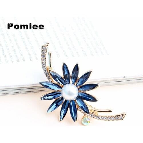 Pomlee Luxury Royal Blue Sun Flower Brooches For Women Lady Full Stone Fashion Pin Spring Winter Design 2 Colors Available Gift