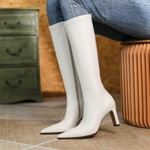 2021 Spring Autumn Knee High Boots Pu Leather Women Square High Heel Long Boots Fashion Pointed Toe Zipper Winter Boots Shoes