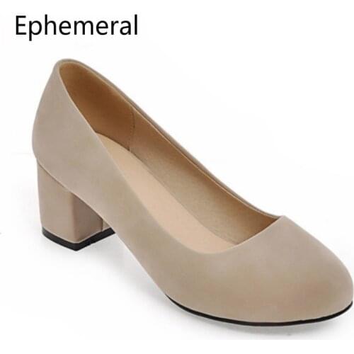 Women Square Heel Round Toe Flock Pumps Plus Size 43-3 42 Black Beige Blue Elegant Office Shoes For Ladies Comfortable Slip Ons