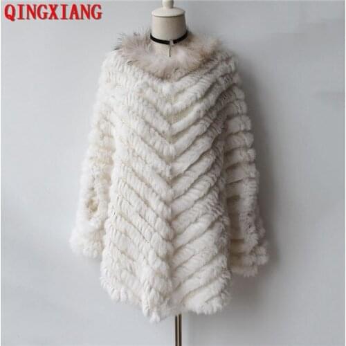 2019 Lady Rabbit Fur Poncho Autumn Shawl Winter Fashion Raccoon Fur Neck Cloak Coat Casual Beside Hole Batwing Sleeves Pullovers