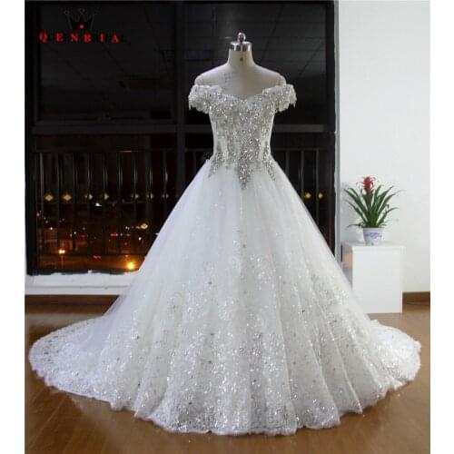 Off the Shoulder Heavy Beading Bridal Gown 2021 robe de mariee Custom Made Lace Up Beading Crystal Wedding Dresses WA50