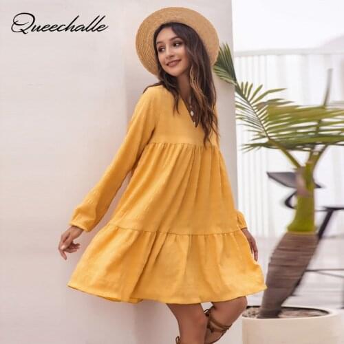 2021 Spring Long Sleeve Loose Wrap Dress Women Elegant Ruffles V Neck Yellow Party Dresses Autumn Female A Line Casual Vestidos