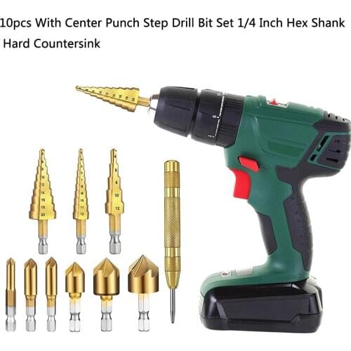 10pcs With Center Punch Industry Woodworking Tool High Speed Wear Resistance 5 Flute 1/4 Inch Hex Shank Step Drill Bit Set Hard