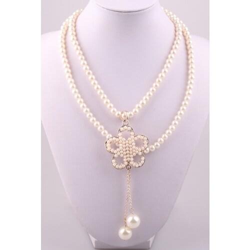Free shipping Fashion Long Pearl bouble layer Flower Pendant Women Necklace for holiday gift