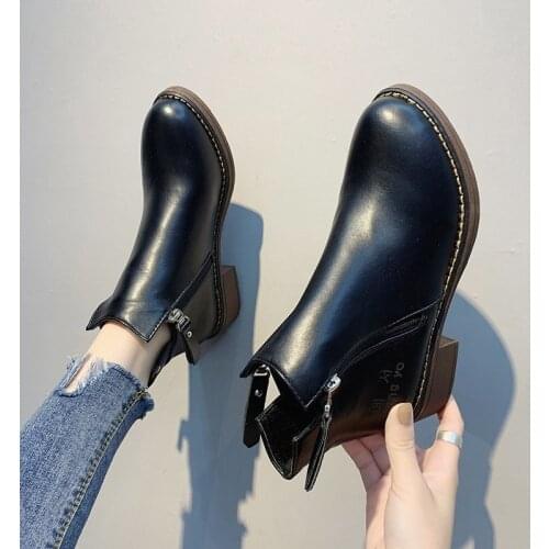 New Women Boots Fashion Square Heel Round Head Pu Leather Boots Solid Zipper Soft Warm Ankle Boots mulheres botas Dropshipping