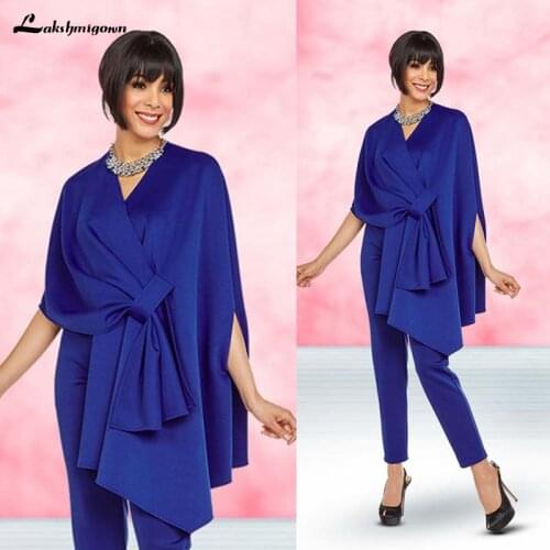 Blue Mother Of Bridal Pant Suits For Wedding V Neck Mothers Formal Outfit Garment Half Long Sleeve Ruffles Formal Prom Evening D