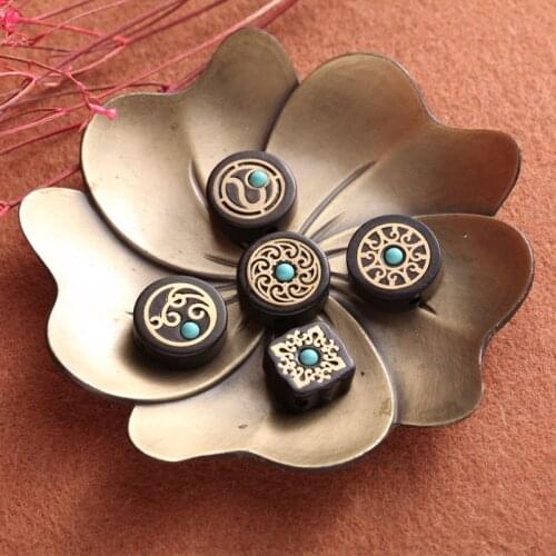 Black Ebony Loose Wood Beads Inlaid Stone Beads Buddhism Round Carved Charms Wooden Beads For DIY Jewelry Making Unisex