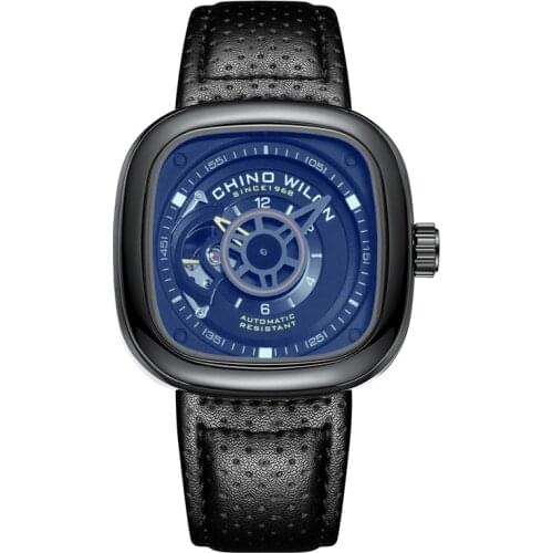 Square automatic mechanical mens watch real leather strap hollow design life waterproof alloy case 3D dial men clock wilon2066