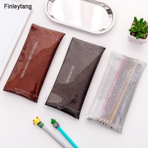 New Kawaii Text Rectangular Transparent Glitter Pencil Bag High Quality PVC Stationery Bags Pen Case Office School Supplies Gift