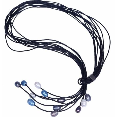 Daking New Fashion Black Blue Grey Leather Rope Freshwater Pearl Necklace
