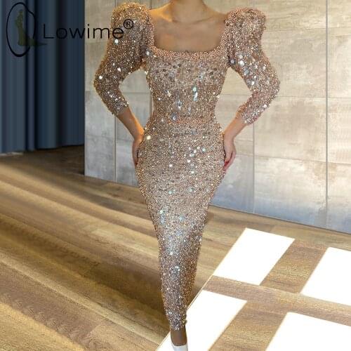 Graceful Champagne Square Neck Long Sleeve Mermaid Evening Dresses Ankle Length Sparkly Sequin Evening Party Gowns Custom Made