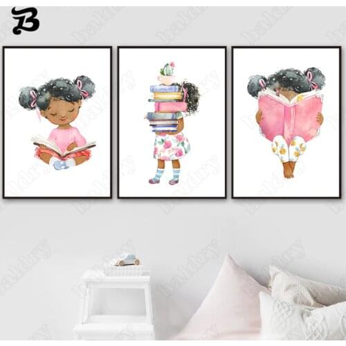 Cute Little Girl Portrait Painting Wall Art Reading Books Canvas Posters and Prints Wall Pictures for Baby Girls Bedroom Decor