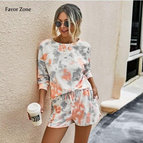 Casual Long Sleeve Womens Tshirts Shorts Suits Autumn Summer Loose Home Tracksuit Outfits Tie Dye Two Piece Set Female Clothing
