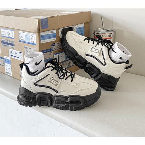 Womens White Sneakers Thick Bottom Daddy Shoe Thick Bottom Round Toe Breathing Leisure Vulcanized Shoes Size 40 Female Shoes