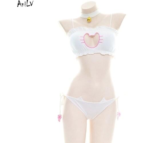 AniLV Japanese Anime Lolita Cat Paw Bell Swimsuit Costume Girl Cats Cute Bikini Swimwear Uniform Temptation Lingerie Cosplay