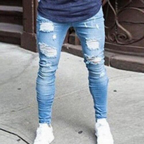 2021 New Fashion Streetwear Mens Jeans Destroyed Ripped Design Pencil Pants Ankle Skinny Men Full Length Jeans