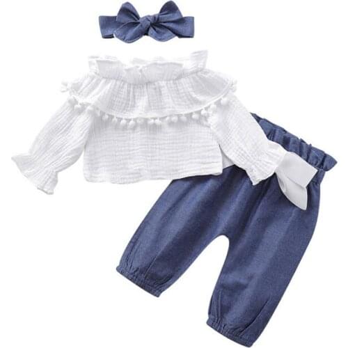 Newborn Infant Baby Girl Clothes 2021 Spring Flare Seeves Off-Shoulder T-shirt Pants Headband 3PCS Sets Adorable