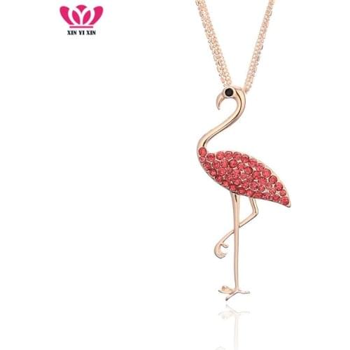 Gold Color Clear Crystal Flamingo Pendant Necklaces For Women Chains Sweater Long Animal Necklace Fashion Jewelry Party Gifts