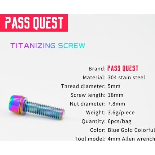 PASS QUEST 6pcs M5 handlebar bolts 3 colors bicycle handlebar bolts bicycle fixing screws bicycle handlebar MTB Accesorios
