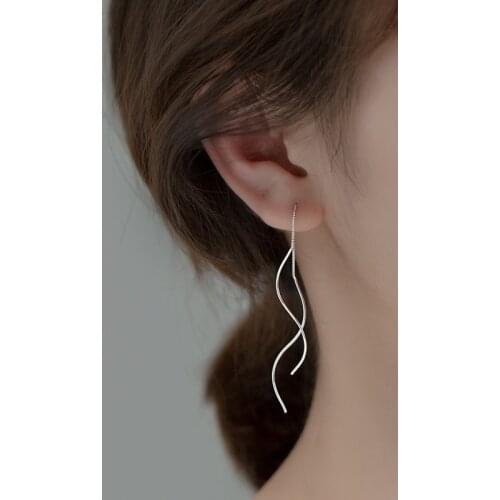 Real 925 Sterling Silver Wave Shape Threader Earrings Hypoallergenic Jewelry for Women