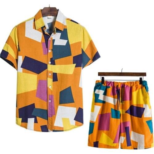 Fashion Geometric Print Hawaiian Shirt and Shorts Set Men Casual Short Sleeve Two Piece Set Harajuku Casual Shirts Suits Men 5XL
