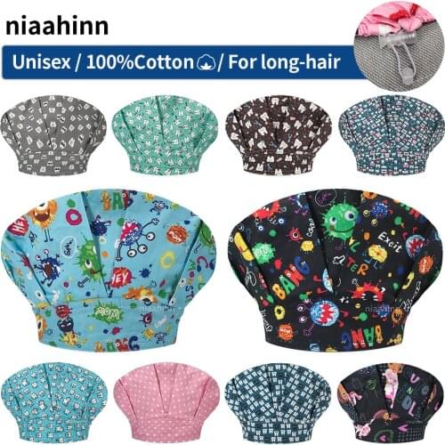 Tooth Printing Cute Hats Beauty Salon Work Hats Laboratory Work Hats Scrub Caps for Long Hair Wholesale Pet Clinic Nurse Caps