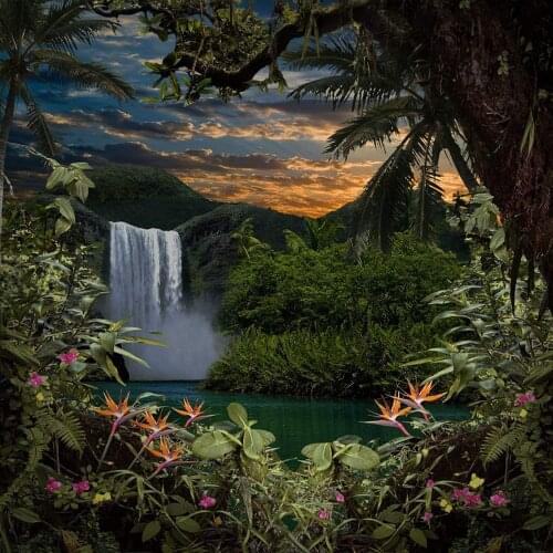 Waterfall Jungle tree flower mountain photo backdrop High quality Computer print scenic background