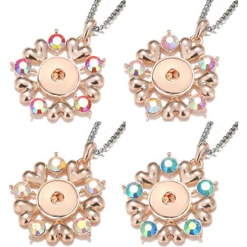 XL0017 New Rose Golden Colorful Rhonestone Heart Flower pattern pendant snap necklace fit 18mm snap buttons jewelry wholesale