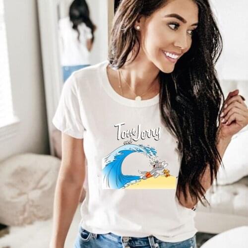 Hot Sales Womens T-shirt Cat and Mouse Kawaii Summer Cartoon Short Sleeve Tops Ladies Harajuku T Shirt Fashion Femme O-neck Tee