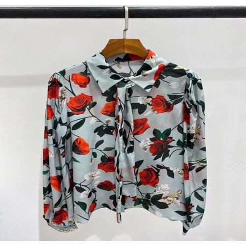 Runway Fashion 100% Silk Shirt 2021 Spring Summer Turn down Collar Flower Print Elegant Office Ladies Blouse