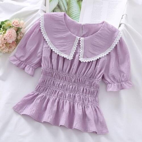 2021 Summer New Womens Chiffon Shirt Solid Color Sleeve Lace Collar Slim Fit Jacket Bubble Sleeves