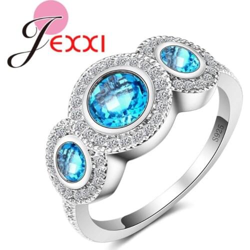 Luxury 3 Round Blue Crystal Anel Feminino 925 sterling-silver-jewelry Novel Clear CZ Stone Rings for Women Engagement Pa