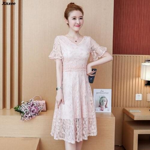 Women Vintage Lace Dress 2018 Spring Summer Elegant V-Neck Long Party Dresses Sweet A-Line Short Sleeve Vestido 4 Colors Xnxee