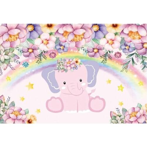 Baby Pink Elephant and Flowers Baby Shower Backdrop White Photography Background Celebration Photo Booth Studio Decor