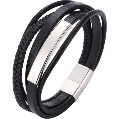 Trendy Stainless Steel Black Leather Bracelet for Men Charm Wristband Multilayer Male Braided Bangles Handmade Jewelry PD1077