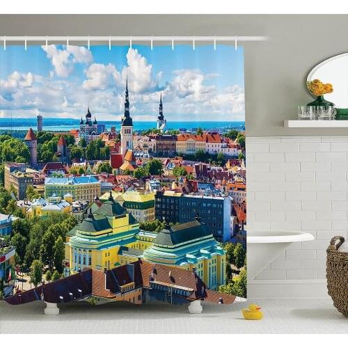 European Cityscape Shower Curtain Scenic Old Town Tallinn Estonia Ancient European Cathedral Home Decor Bathroom Curtains