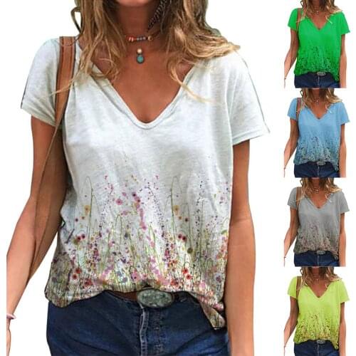Fashion Spring Summer Floral Print Tshirt Tees Women V Neck Casual Loose Short Sleeve Tshirt Tops Clothes Plus Size Vintage