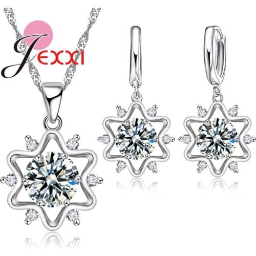 Snowflake Crystal Jewelry Set for Wedding Women Silver Chain & Pendant Necklace/Earrings Sets Fine Jewelry