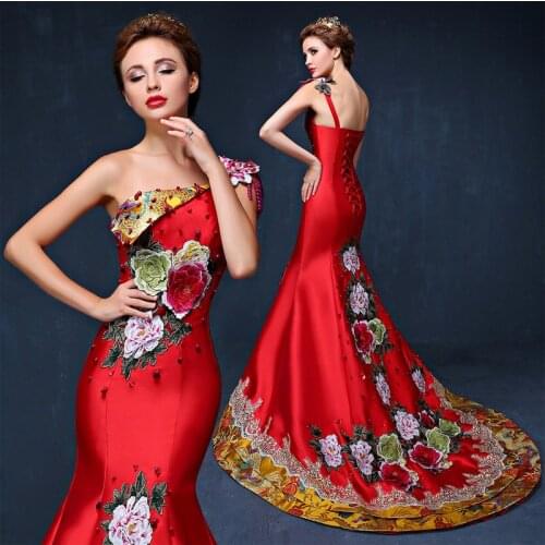 Red Mermaid Chinese Evening Dress Long Embroidery Wedding Cheongsam Oriental Style Dresses Luxury Trailing Traditional Costume
